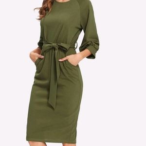 Self Belt Bishop Sleeve Pencil Dress